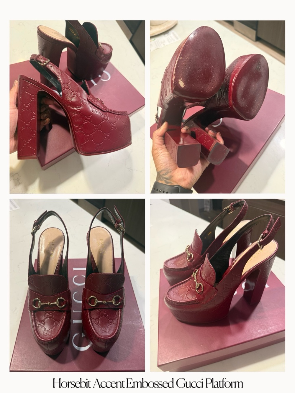 Gucci Burgundy Embossed Leather Horsebit Platform Slingback Heels
